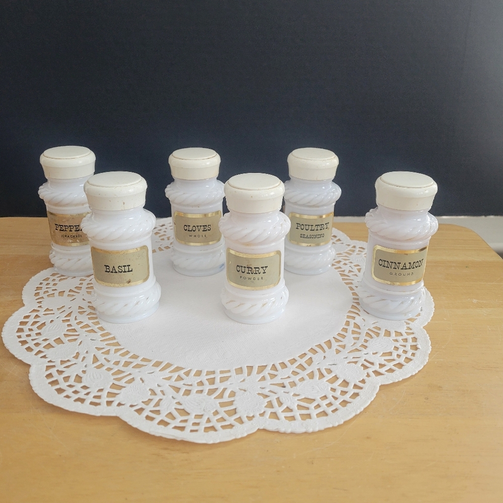 Vintage Set of 6 Milk Glass Spice Jars with Original Labels and Spices